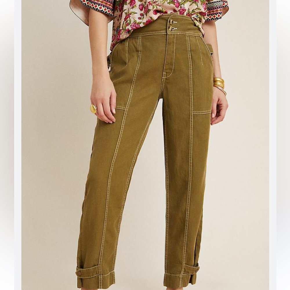 Anthropologie Pants Jackson Women Green Tapered Linen Blend Cargo Jogger Crop